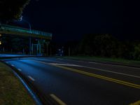 a street and a bridge during the night time lit up by a light from an overhead traffic lamp