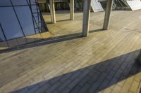 the shadow of someone walking on a sidewalk at night under a building with a skylight