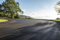 road on top of hill next to trees near sky line in park setting with grass and trees