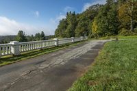 a man riding a bike down a country side road in the sun near a guardrail