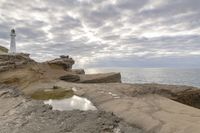 the ocean is calm as if it's on a rocky cliff beside the lighthouse