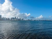 a river that has some blue water and several buildings in the background with blue sky above