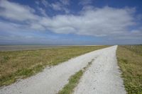 the road runs alongside the pasture next to a pond of water with the blue sky and white clouds