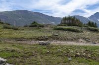 a dirt road passing between a grassy hillside and mountain range in the distance with a forest and mountain range