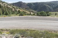 a small empty dirt field and a forest behind it on a sunny day with hills and mountains in the background