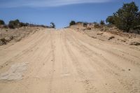 a dirt road with trees in the distance, and rocks all around the track and sand