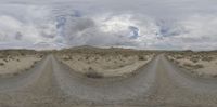 a road in the middle of a desert with some clouds above it on the sky