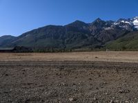a lone horse stands in an open plain with mountains in the distance in this file