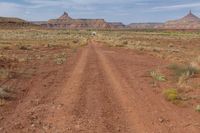 a dirt road going through some desert with sparse bushes and rocks in the background and the mountain range in the distance