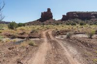 a dirt road in the desert between tall rocks and scrublands near a dry creek