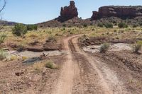 a dirt road in the desert between tall rocks and scrublands near a dry creek