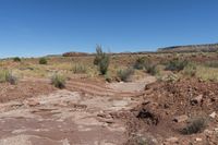 a dirt road through an arid area with a clear blue sky in the background and a rocky hill on each side