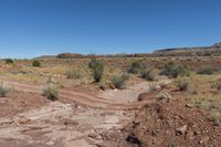 a dirt road through an arid area with a clear blue sky in the background and a rocky hill on each side