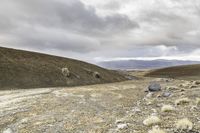 a dirt road through a barren terrain area with rocks and grass around it and two mountains in the distance