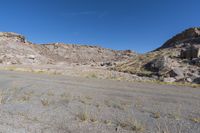 large rocky and gravel area with sparse trees, bushes, and sand in the foreground