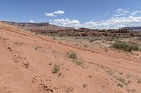 a red dirt road in the middle of nowhere in the desert with bushes and rocks in the background