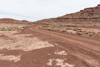 a dirt road surrounded by small bushes on the side of a rocky hill in a desert