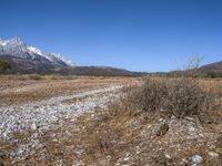 a mountain range with grass and dry bushes with a trail leading to it and snow capped mountains beyond