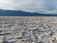 a white desert has many patches of dirt on it as a person in the distance looks at them