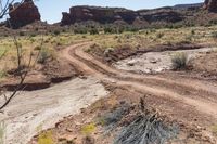 a dirt road in a desert with some bushes on both sides of it, some large rocks and a small dry bush