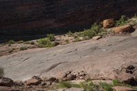 a man riding a horse in the desert by a river and rock face in background