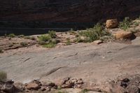 a man riding a horse in the desert by a river and rock face in background