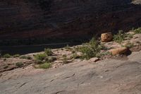 a man riding a horse in the desert by a river and rock face in background