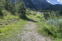 a dirt trail with green trees in the background and mountains in the background in the distance