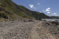 a rocky beach next to a cliff by the sea and a mountain range with green vegetation