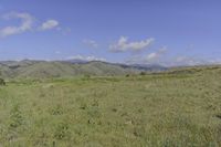 an open field with mountains and sparse grass in the background in an area with green hills