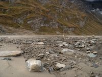 rocks are strewn across the sandy area with mountains in the background by some rocks and boulders