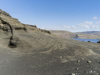 the sand is brown in color with some blue water in the distance, on top of the mountain