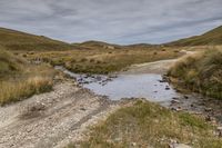 a dirt road surrounded by grass and dirt hills with a creek on one side of it