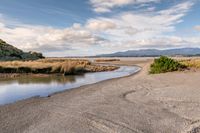 an empty beach with grass and weeds next to it near water and mountains with blue sky