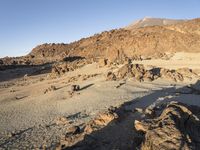 the ground is full of barren rocks and sand, and the mountains behind it are in the distance