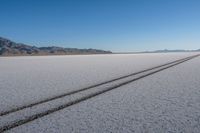 two tracks in the middle of an empty dry, flat area with mountains behind them