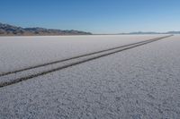 two tracks in the middle of an empty dry, flat area with mountains behind them