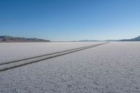 two tracks in the middle of an empty dry, flat area with mountains behind them