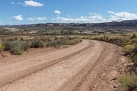 an empty dirt road in the desert near mountains and rocks with green bushes, grass, and dirt