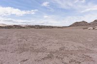 a dirt field in the middle of nowhere with rocks and dirt around it and a lone horse