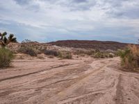 an atv parked in the desert with rocks and bushes to its side near the top