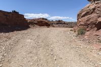 a dirt road with rocks and bushes in the desert on a sunny day and a bright blue sky