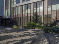 there is a brick walkway leading up to the office building with plants on either side