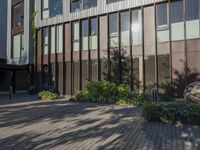 there is a brick walkway leading up to the office building with plants on either side