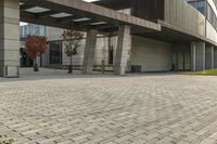 the entrance of an office building next to the street and grass area with several benches