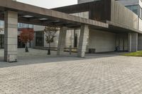 the entrance of an office building next to the street and grass area with several benches