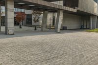 the entrance of an office building next to the street and grass area with several benches