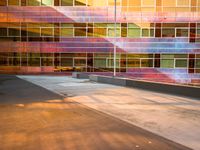 a man on a skateboard in front of a building with colorful glass walls and a flag pole