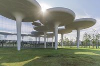 an abstract structure in front of a building near grass and trees in the sunshine light