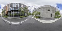 two panoramas of a circular view of a building next to trees and a street